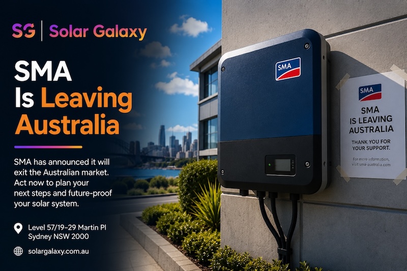 SMA solar inverter mounted on a commercial building wall with announcement that SMA is exiting the Australian market, advising homeowners to plan their next steps by Solar Galaxy